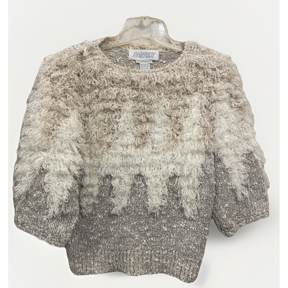 Sideffects Hand Crochet Shaggy Knit Pullover 3/4 Sleeve Sweater Women's M VTG